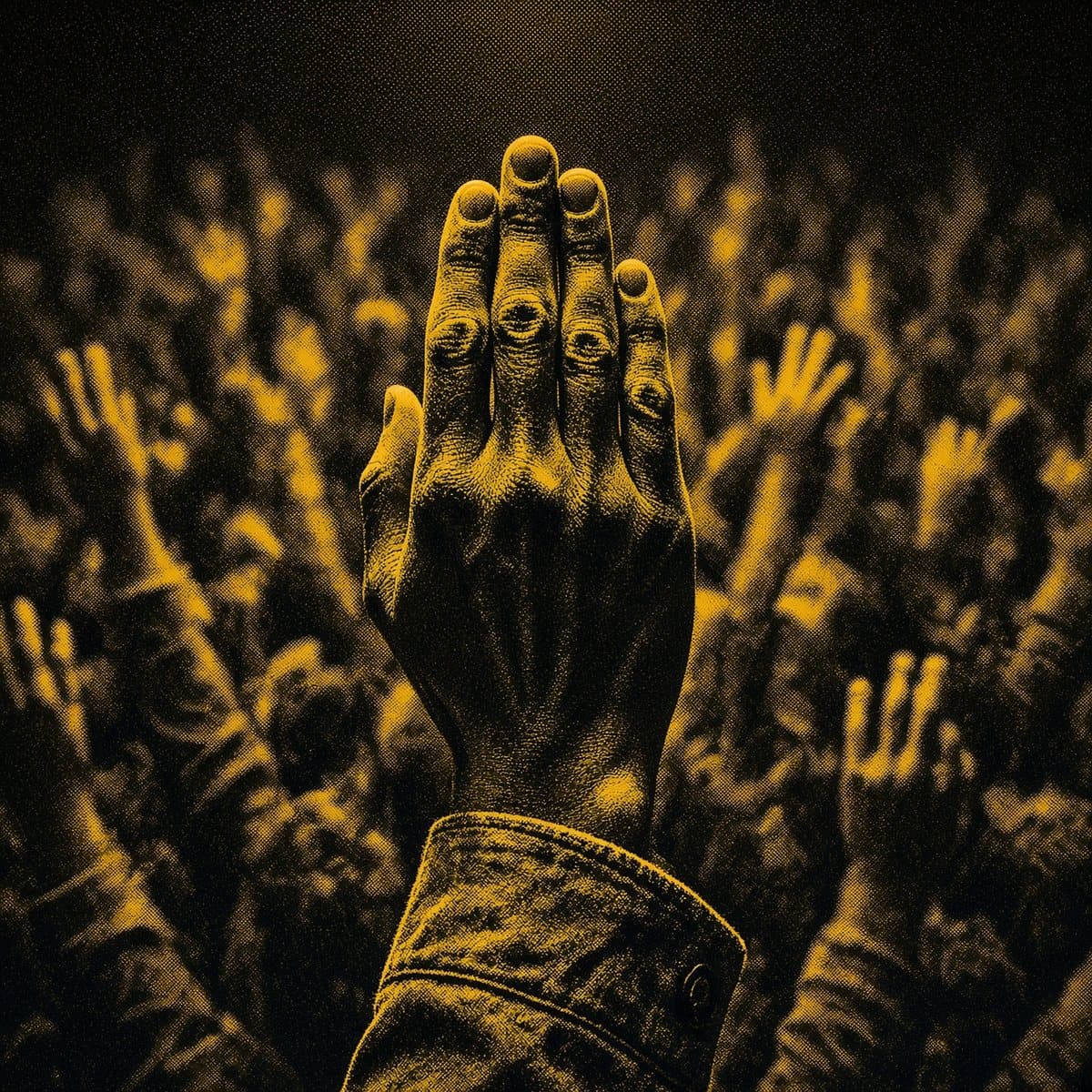 A trader's raised hand, palm turned in: the pit signal to buy.