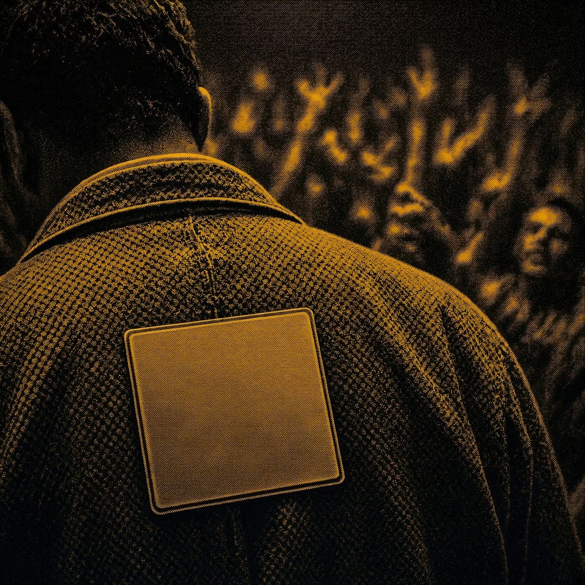 A trader seen from behind with a badge pinned to their jacket, facing the crowd.
