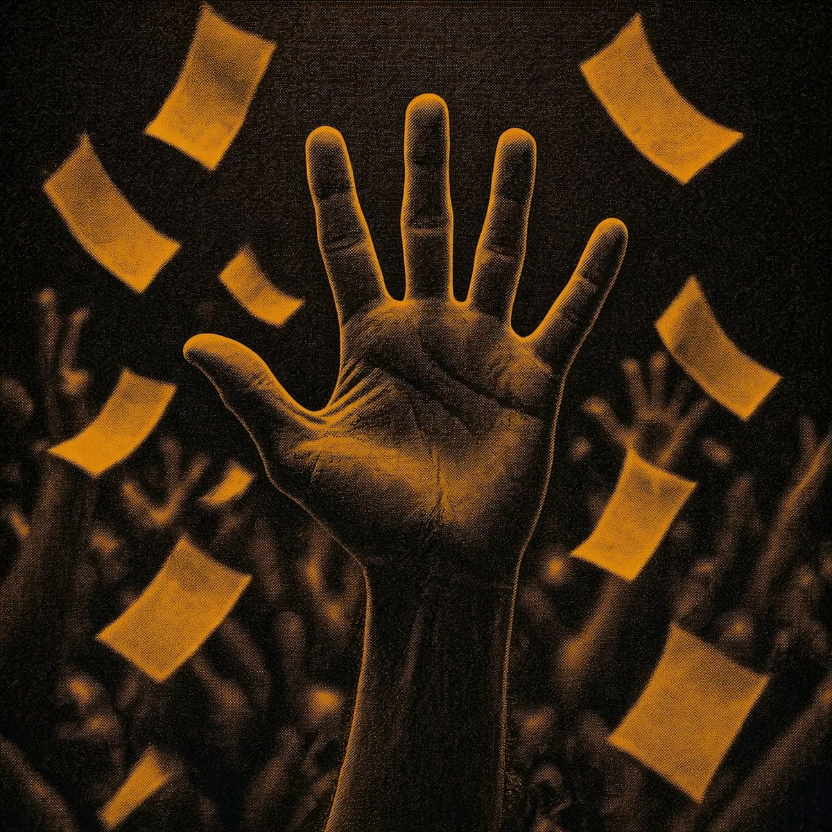 A raised open hand, palm out, among falling order slips: the pit signal to sell.